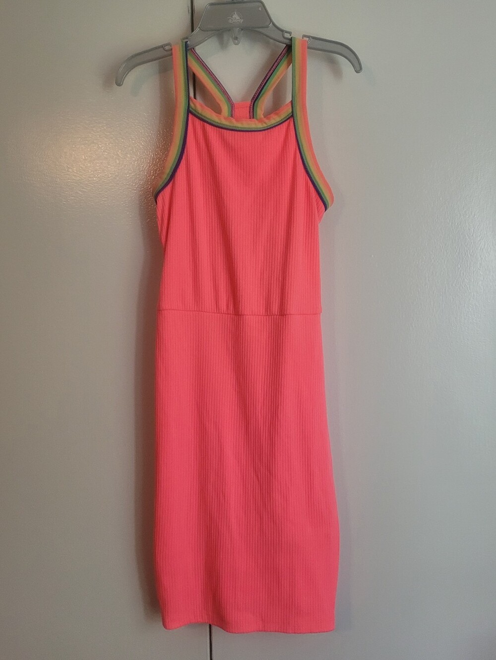 6/7 Epic Threads Neon Pink Ribbed Tank Dress with Rainbow Trim Slim Fit